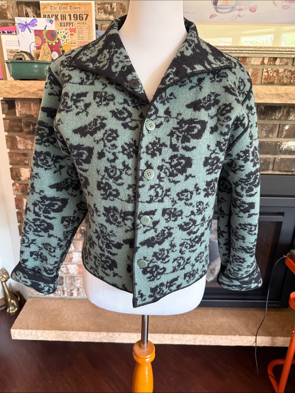 REVERSIBLE Black & Green Floral Cropped Wool Button-Up Sweater. Brand unknown.